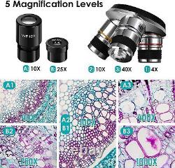 Tuword Microscope Binocular 40X-1000X With LED Lighting, Platina Mechanics